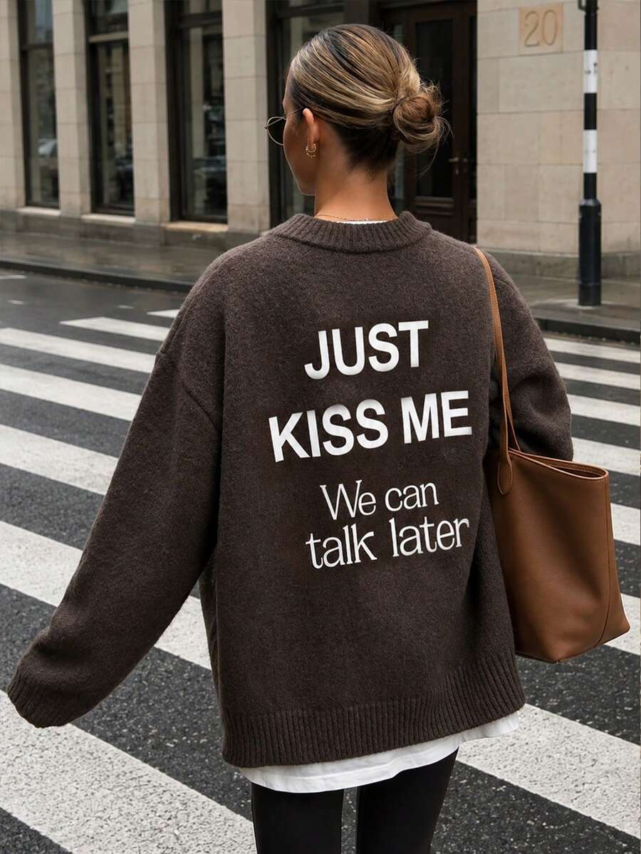 Women's Autumn/Winter New Fashion Letter Print Casual Loose Versatile Brown Sweater - Brown - View 1