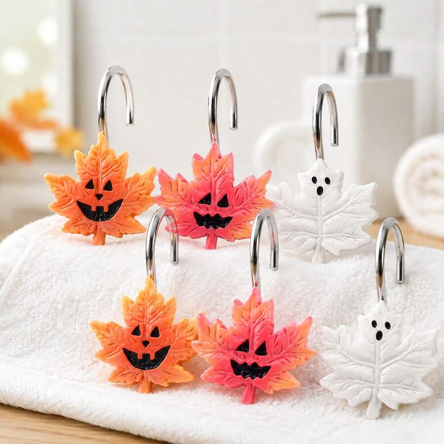 12pcs Hand-Painted Maple Leaf Resin Shower Curtain Hooks, Halloween Bathroom Shower Room Decorative Accessories - Maple Leaf Shower Curtain Hooks - View 1