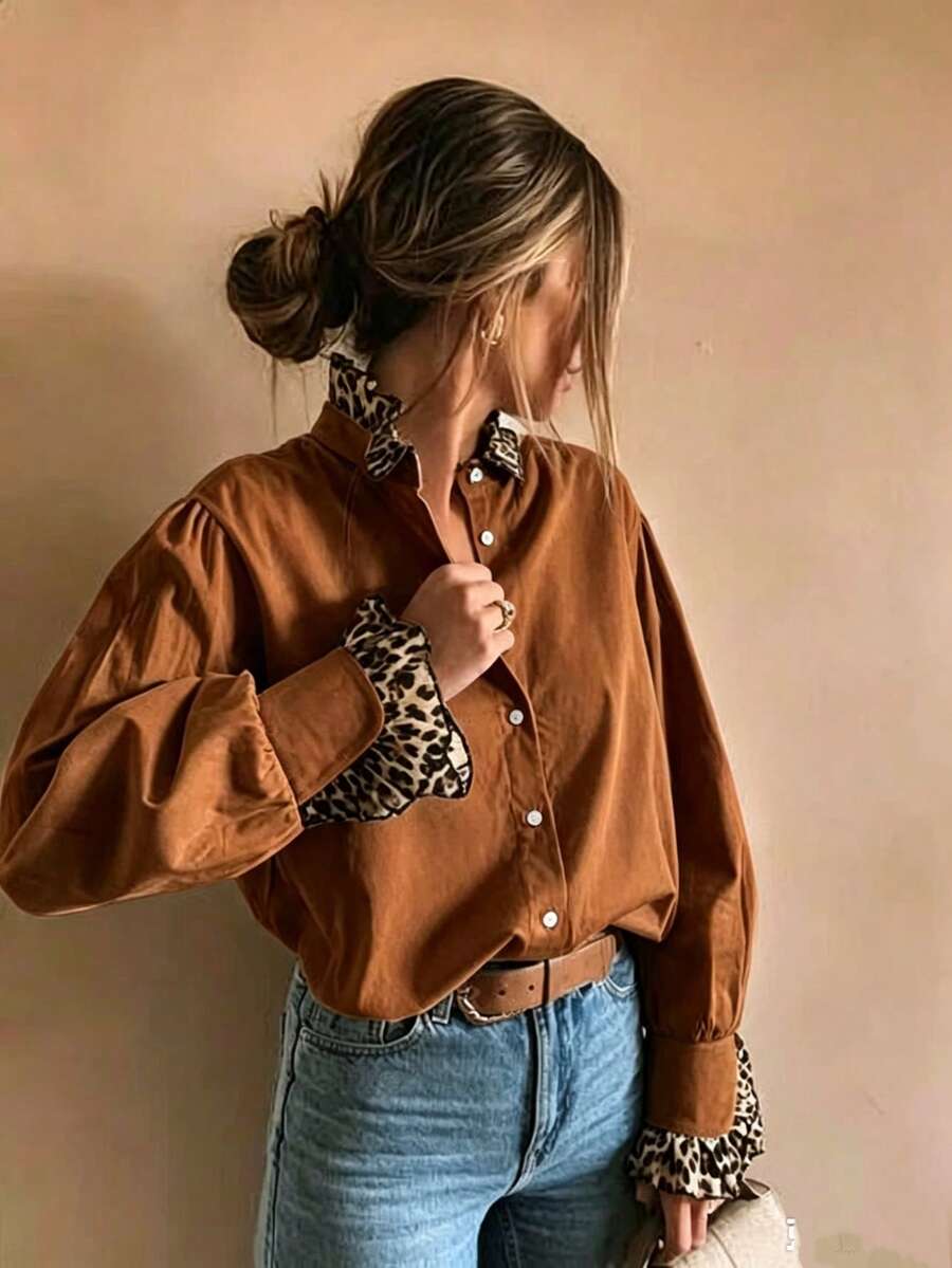 1pc Leopard Print Solid Color Polyester (Polyester) Button Cross Front Patchwork Collar Women's Shirt Suitable For Daily, Holiday, Spring, Autumn, Summer Three Seasons - Brown - View 1