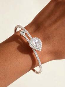 1pc Luxury Water Drop Zirconia Leaf Cross Elastic Open Bangle, Women's Daily Jewelry Accessory Full Rhinestone Silver Adjustable Bracelet For Party, Banquet, Dress, Versatile - Silver - View 2