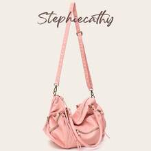 STEPHIECATHY Street Style Women's Matte Washed PU Leather Crossbody Shoulder Tote Bag, Large Multi-Pocket Casual Commute Travel Student Bag - Pink - View 7