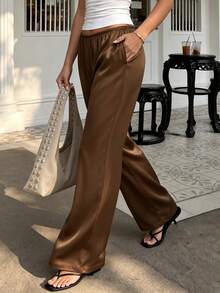 Celana Panjang Wanita Cokelat Satin Elastis Pinggang Tinggi Model Bootcut Warna Polos Kasual Longgar - Coffee Brown - View 6