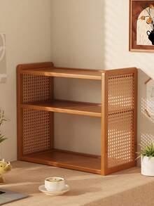 3‑Tier Natural Wood Rattan Desk Shelf, Tabletop Storage Organizer, Boho Countertop Display Rack With Free Bonus Hooks For Stationery, Books, Makeup, Small Plant Decor For Bedroom, Study Room, Dorm, Workspace, Home Office - Multicolor - View 7
