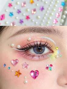 1 Set Of Rainbow-Colored Heart, Star, And Pearl Face Stickers With Rhinestone Removal Tweezers. Y2K Sexy Girl Colorful Rhinestone Self-Adhesive Face Stickers. Suitable For Music Festivals, Electronic Music Festivals, Birthday Parties, And Creating A Festive Atmosphere. Rhinestone Colors Are Random. - Multicolor - View 2
