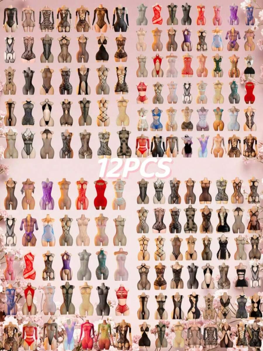 Lingerie Jala Seksi Campuran Warna, Paket Hemat 12 Set Acak, Lingerie Erotis Transparan Multi-Gaya Tanpa Punggung, Model V Dalam, Tanpa Lepas, dan Tanpa Perlu Dilepas - MultiWarna - View 1