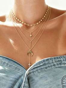 3pcs Star & Moon Shaped With Cross Pendant Necklace Set, Multi-Layer Stackable, Suitable For Women's Daily Wear, Dates, Parties And Gatherings - Yellow Gold - View 1