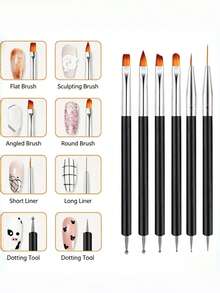 6pcs Black #7 Nail Art Brush Set, Single Nail Decoration Tools, Multi-Function Nail Art Set, Suitable For Detailed Design, Gel Nail Polish Brushes, Nail Beauty Tools - Black - View 2