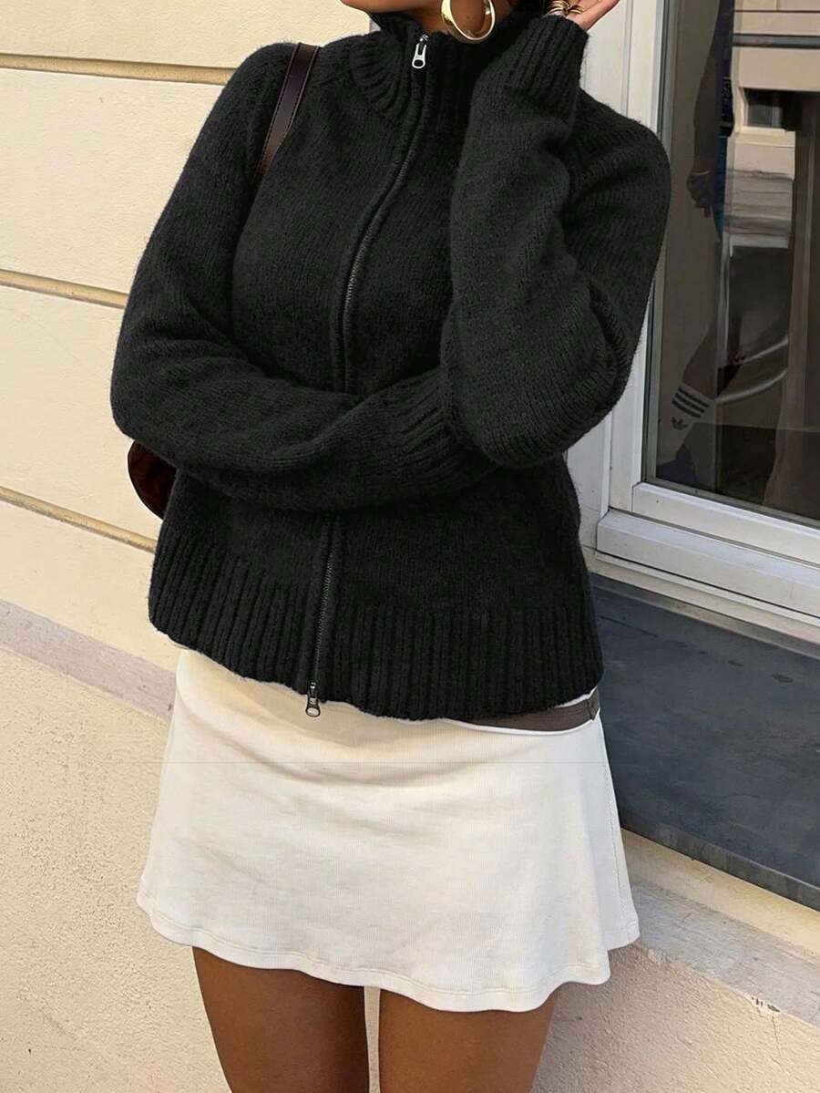 Women's Mock Neck Double-Zip Long Sleeve Fall Winter Simple Casual ...