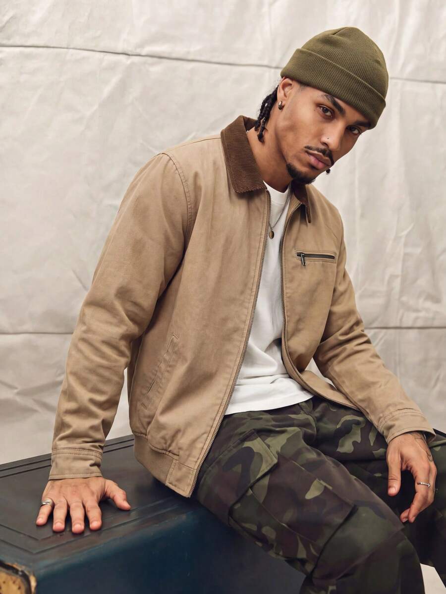 Norleigh Men's Casual Solid Color Jacket With Pockets, Men's Spring/Autumn Outerwear - Khaki - View 1
