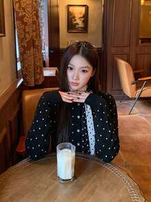 Women's Knit Cardigan Sweater With Random Polka Dot Print And Front Buttons, Casual Autumn/Winter Top - Black - View 7