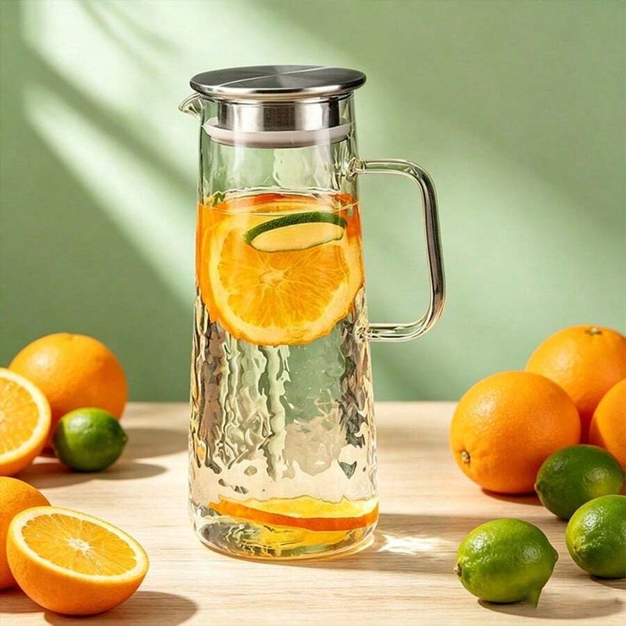 إبريق ماء بارد من الزجاج البوروسيليكات عالي الجودة، إبريق عصير منزلي بسعة كبيرة مع بطانية، إبريق ماء مقاوم للحرارة العالية بتصميم مخطط، 1800 مل/2200 مل/1650 مل/1300 مل، إبريق ماء شفاف للمطبخ مع بطانية من الفولاذ المقاوم للصدأ. - نمط المطرقة الكبيرة (1500 مل) - مشاهدة 1