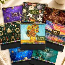 2027 Standing Desk Calendar, Aesthetic Oil Painting Art Design Spiral Monthly Planner, Note Blocks For Home Office Desk Decor Gift - Multicolor - View 2