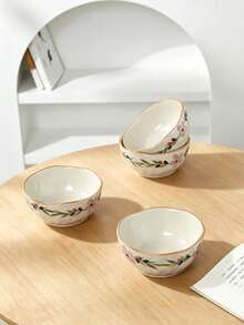 4pcs, 2pcs, 1pc Vintage Hand-Painted Asymmetrical Ceramic Bowls, Rustic Coarse Clay Ruffled Edge Bowls, 5-Inch Household Personal Rice Bowl, Fruit Bowl, Dessert Bowl, Pickle Bowl, Sauce Bowl, Suitable As Wedding Gift, Housewarming Gift - White - View 8