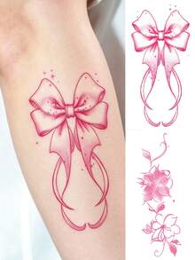 2Pcs Sweet Style Temporary Tattoo Stickers, Pink Bow Stars And Floral Vine Design, Waterproof Long‑Lasting Fake Body Tattoos For Women - Multicolor - View 4