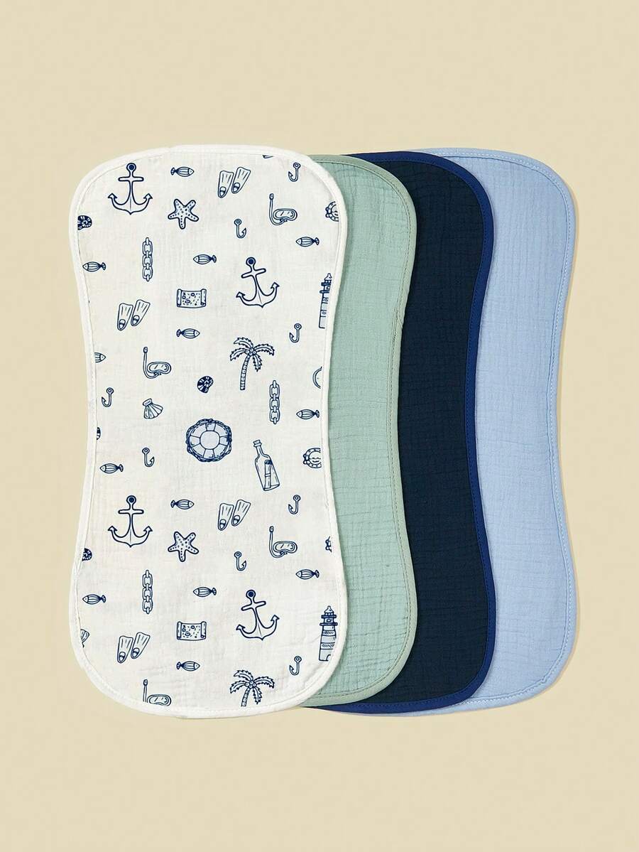 4pcs Plain Weave Burp Cloths For Boys And Girls, Cartoon Print & Solid ...