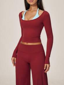 TimeOff Setelan Wanita Satu Set Musim Gugur/Dingin 2 In 1 Warna Blok Lengan Pendek dan Panjang dengan Celana Panjang Lebar - Merah - View 10