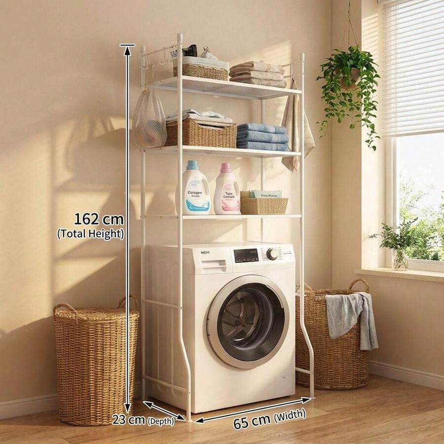 3‑Tier Washing Machine Storage Rack, Heavy‑Duty Metal Over‑Washer Shelf Organizer With Hooks, Space‑Saving Laundry Room Storage Shelving For Bathroom - White - View 1