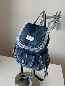 Retro Drawstring Drawstring Backpack, Embellished With Lace And Labels, Featuring Multiple Pockets, Suitable For Shopping, Dating And Daily Travel - Blue - View 10