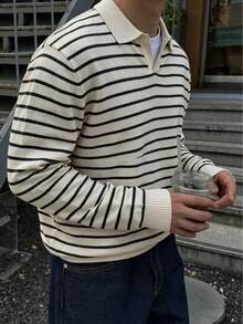 Men's Horizontal Striped Knit Polo Sweater, Vintage Autumn/Winter Contrast Color Airplane Collar V-Neck Long Sleeve Layering Top - Apricot - View 3