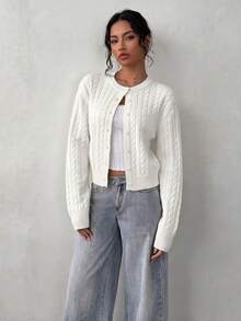 Casual Fashion Cable Knit Design Front Opening Women's Top, Autumn/Winter Style, Versatile For Daily Wear - White - View 2