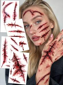 4pcs Halloween Temporary Scar Tattoos, Fake Halloween Scars, Fake Tattoos For Stitched Wounds, Waterproof Tattoo Stickers, Perfect For Costume Parties And Pranks. - Red - View 1