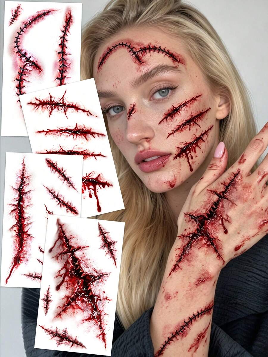 4pcs Halloween Temporary Scar Tattoos, Fake Halloween Scars, Fake Tattoos For Stitched Wounds, Waterproof Tattoo Stickers, Perfect For Costume Parties And Pranks. - Red - View 1