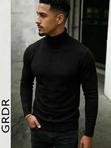 GRDR Men's Regular Shoulder Long Sleeve Turtleneck Sweater, Versatile Daily Wear Knitwear - Black - View 9