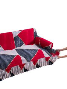 1pc Tropical Southeast Asian Style Ruffle Lace Trim Geometric Pattern Printed Living Room Stretch Spandex Sofa Cover Protector For Chaise Lounge Combination L-Shaped Sofa Cushion Full Cover 1/2/3/4 Seater - Multicolor - View 5
