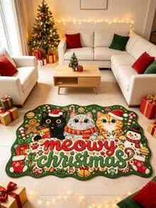 1pc Dark Green 3 Christmas Cats Wavy Edge Irregular Shaped Rug, Christmas Style, Christmas, Doormat, Small Rug, Welcome Mat, Carpet, Floor Mat, Outdoor Doormat, Kitchen Rug, Front Door Mat, Area Rug, Outdoor Mat, Home Decor, Area Carpet, Garden Rug, Washable Rug - Multicolor - View 1
