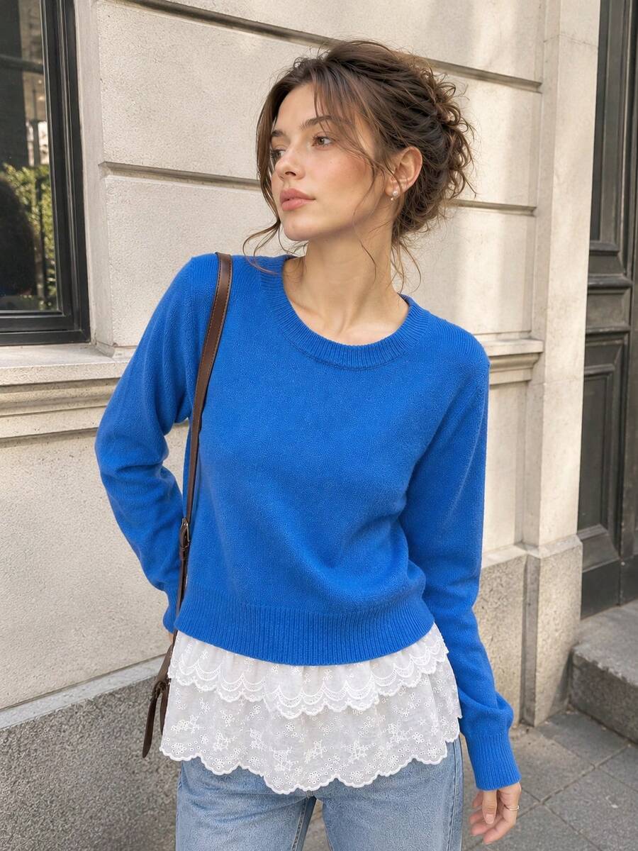 Women's Knitted Round Neck Pullover Sweater Top, Long Regular Sleeve, Medium Elasticity, Autumn Daily Wear - Blue - View 1