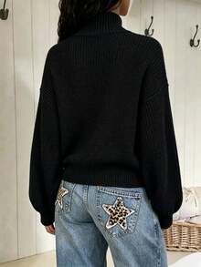 Autumn/Winter Design Stand Collar Button Front Cardigan, Elegant Casual Style Lantern Sleeve Loose Fit Versatile Knit Sweater Jacket - Black - View 3