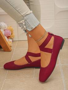 Spring/Autumn New Women's Burgundy Flat Shoes, Cross Elastic Strap, Square Toe, Slip-On, Soft, Versatile Ballet Style Mary Jane Shoes - Burgundy - View 5