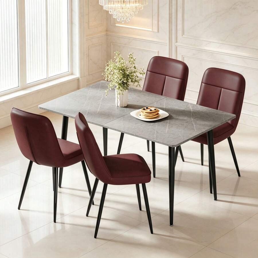 Dining Table And Chairs Set Of 4, 120cm Marble Effect Dining Table With 4 Faux Leather High Back Dining Chairs, Modern Dining Table Set For Dining Room Kitchen - Grey Table + Brown PU Chair - View 1