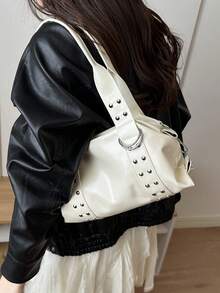 Women's Glossy Solid Color Rivet Handbag, Retro Patent Leather Shoulder Bag, Large Capacity Briefcase, Daily Commuting Bag, Banquet - White - View 8
