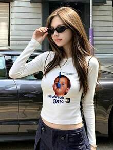 New Gen Z Y2K Short Long Sleeve T-Shirt Women's Fun Print Spring Autumn Korean Style Round Neck Versatile Casual Slim Fit Top - White - View 1