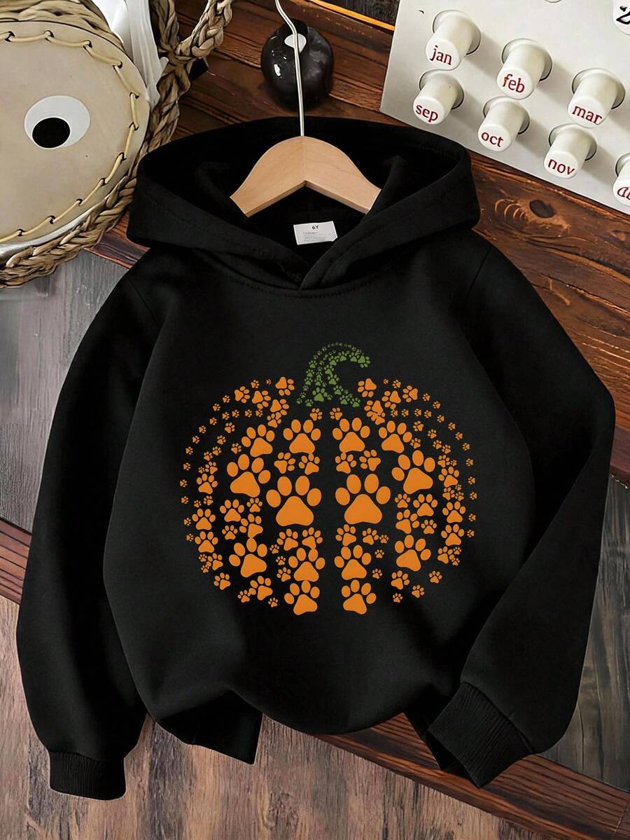Young Girls Halloween Pumpkin Print Hooded Sweatshirt Autumn/Winter Top - Black - View 1