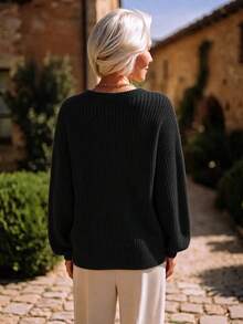 NZZOF French Style Round Neck Solid Color Ribbed Knit Drop Shoulder Pullover Sweater, Autumn/Winter - Black - View 2