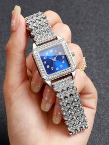 Women's Luxury Full Rhinestone Square Quartz Watch, Sapphire Blue Dial Full Rhinestone Alloy Band With Rhinestones, Versatile Wristwatch For Party And Banquet, Gift For Girlfriend (1pc/Set) Watch Box Not Included - Silver - View 5