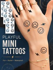 3 Sheets Playful Smiling Face Temporary Tattoos For Women, Lightning Bolt Mini Tattoo Stickers, Waterproof Black & Blue Hand Wrist Body Art For Parties, Festivals, Concerts & Everyday Style - Multicolor - View 5