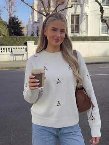 Women's Floral Embroidered Knit Sweater, Crew Neck Long Sleeve Pullover, Fall/Winter - White - View 4