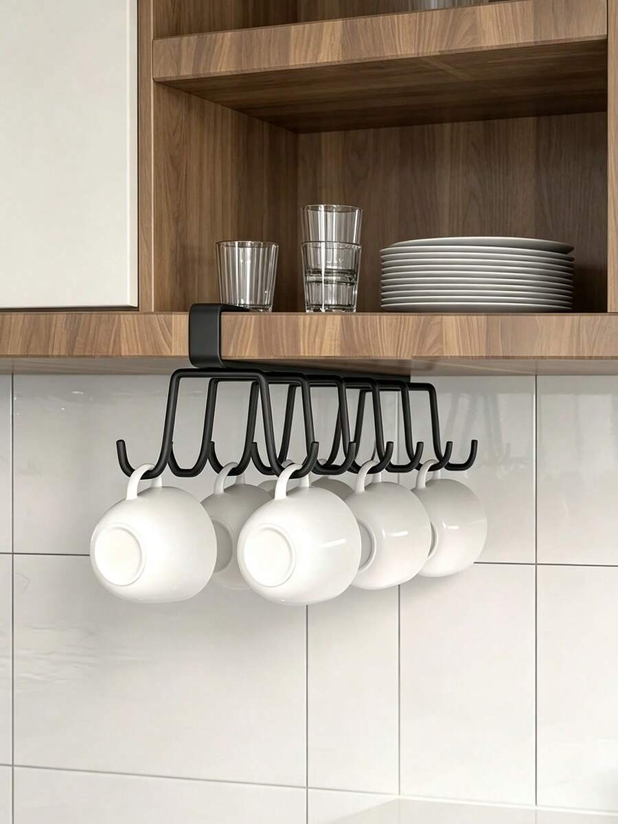 1pc 12/6 Hooks Mug Holder, Space-Saving Kitchen Organizer Rack, Multi-Function Household Storage Shelf, Cup Holder, Hole-Free Hanging Drying Rack, Sponge Drainer, Utensil Organizer, Food Pantry Closet Storage Accessory, Home Decor,Travel Essential,Room Decor - Multicolor - View 1