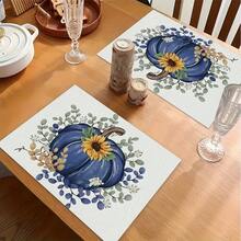 1/4/6pcs Autumn Series Navy Blue Large Pumpkin & Eucalyptus Pattern Printed Placemats, Heat-Resistant Table Mats For Home Kitchen, Table Protection, Kitchen Dining Table, Party Decor - Multicolor - View 5