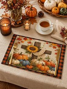 Autumn Thanksgiving Rustic Style Cross Sunflower Pumpkin Maple Leaf Plaid Table Runner Pillow Placemat Kitchen Dining Table Decor - Multicolor - View 4