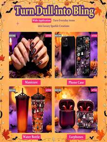 1 Box Halloween Nail Art Set, 24-Grid Rhinestone Set, Includes Resin Flat-Back Nail Rhinestones, Tweezers, Pen, Tray And Spoon, 3D Nail Art Decorations And Tools, Suitable For Nail Art And DIY Crafts - Multicolor - View 3