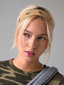 1pc Khaki Women's Y2K Punk Metal Eyelet Elastic Headband, Stretchable Fashion Hair Accessory, Autumn Hair Accessory - Khaki - View 5