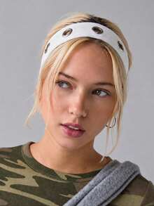 1pc White Metal Eyelet Headband, Y2K Gothic Style Metal Rivet Elastic Soft Sporty Headwrap, Tropical Halloween Hair Accessory - White - View 5