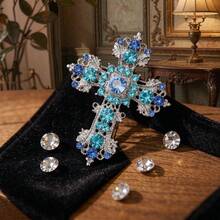 Cross-Border Hot Selling Vintage Distressed Silver Cross Brooch Aurora Rhinestone Hollow Carved Large Pin Gothic Church Style Suit Shawl Corsage Accessory - Cross Brooch 350 - View 2
