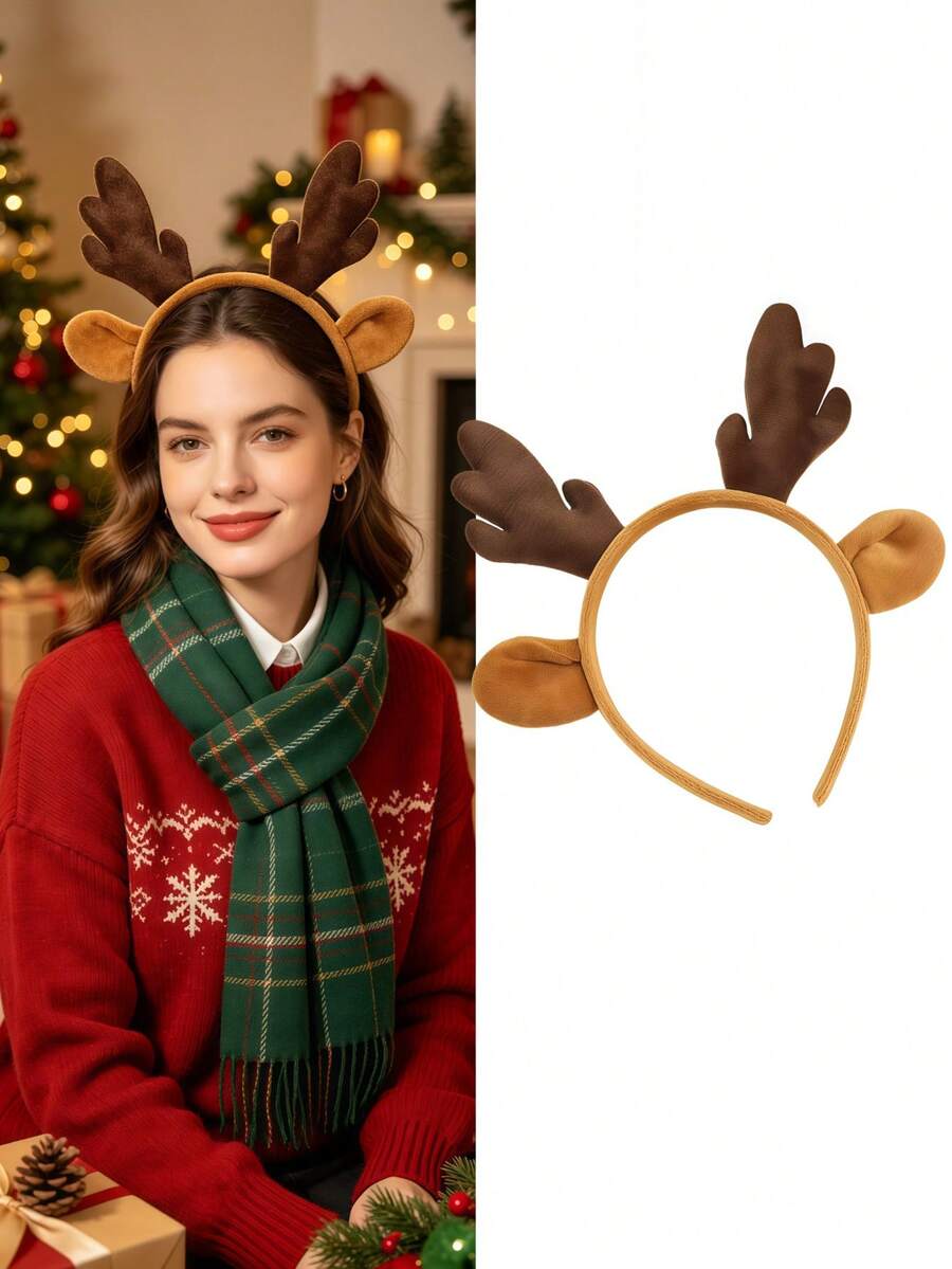 1pc Women's Christmas Reindeer Antler Headband, Cute Plush Deer Ears Headband, Christmas Party Costume Hair Accessory - Multicolor - View 1