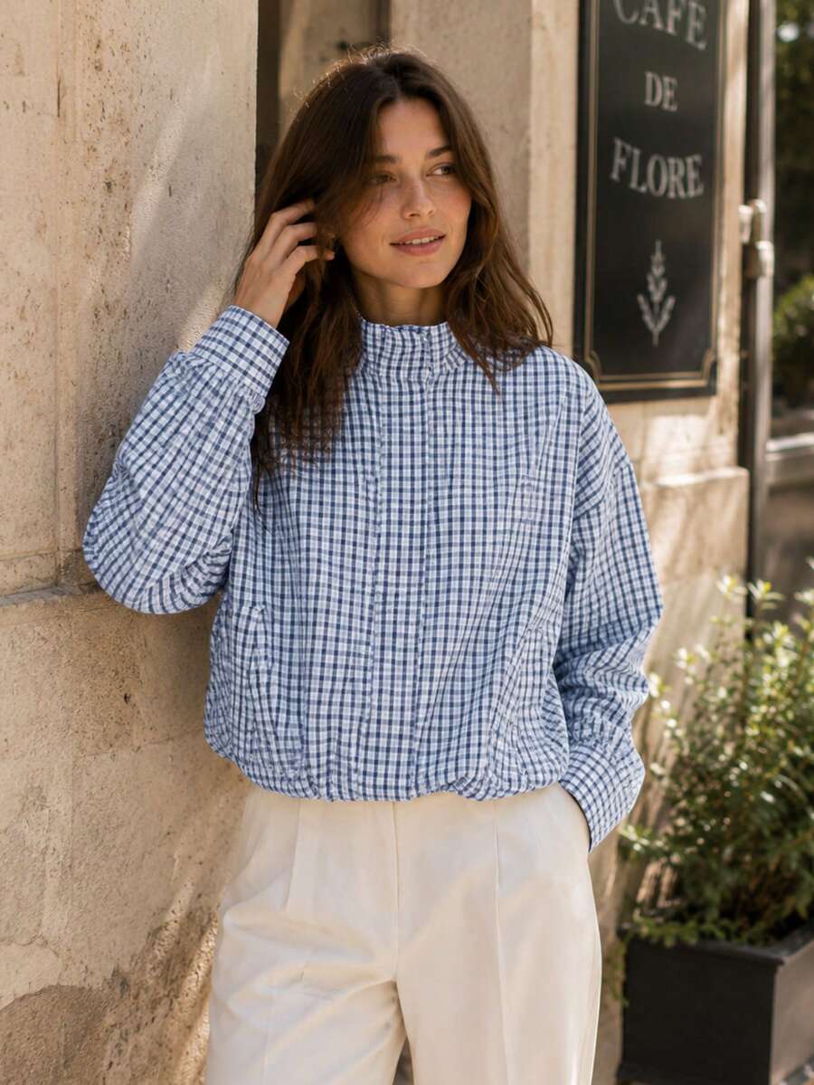 Women's Autumn Plaid Zipper Flight Jacket, Loose Oversized Lightweight Outerwear, Suitable For Casual Street Style Outfits - Blue - View 1