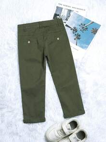 男童刺繡Logo咖啡色純棉休閒長褲，春秋款 - 軍綠色 - 查看 3